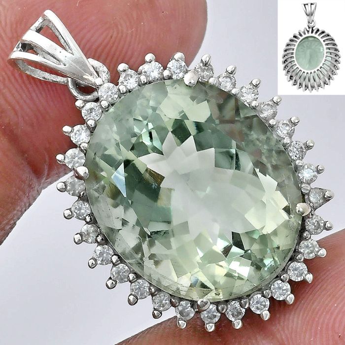 Prasiolite (Green Amethyst) and White Zircon Pendant EXP01658 P-1741, 17x20 mm