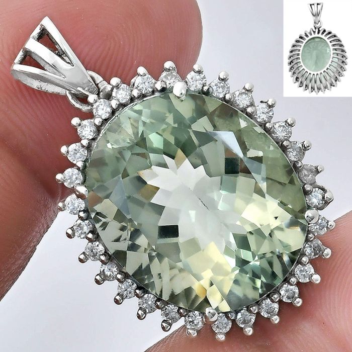 Prasiolite (Green Amethyst) and White Zircon Pendant EXP01660 P-1741, 17x20 mm