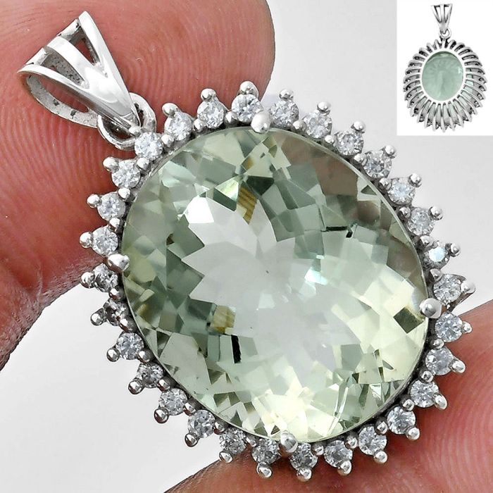 Prasiolite (Green Amethyst) and White Zircon Pendant EXP01661 P-1741, 17x20 mm