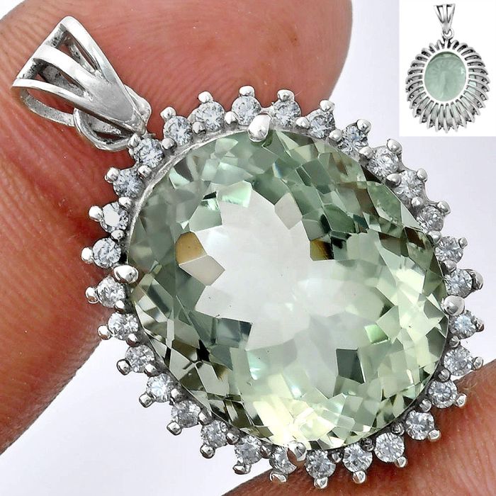 Prasiolite (Green Amethyst) and White Zircon Pendant EXP01664 P-1741, 17x20 mm