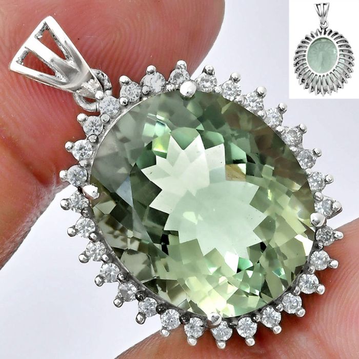 Prasiolite (Green Amethyst) and White Zircon Pendant EXP01665 P-1741, 17x20 mm