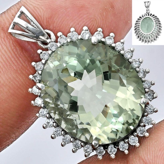 Prasiolite (Green Amethyst) and White Zircon Pendant EXP01667 P-1741, 17x20 mm