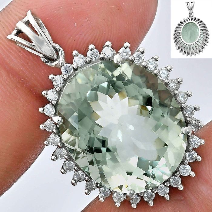 Prasiolite (Green Amethyst) and White Zircon Pendant EXP01668 P-1741, 17x20 mm