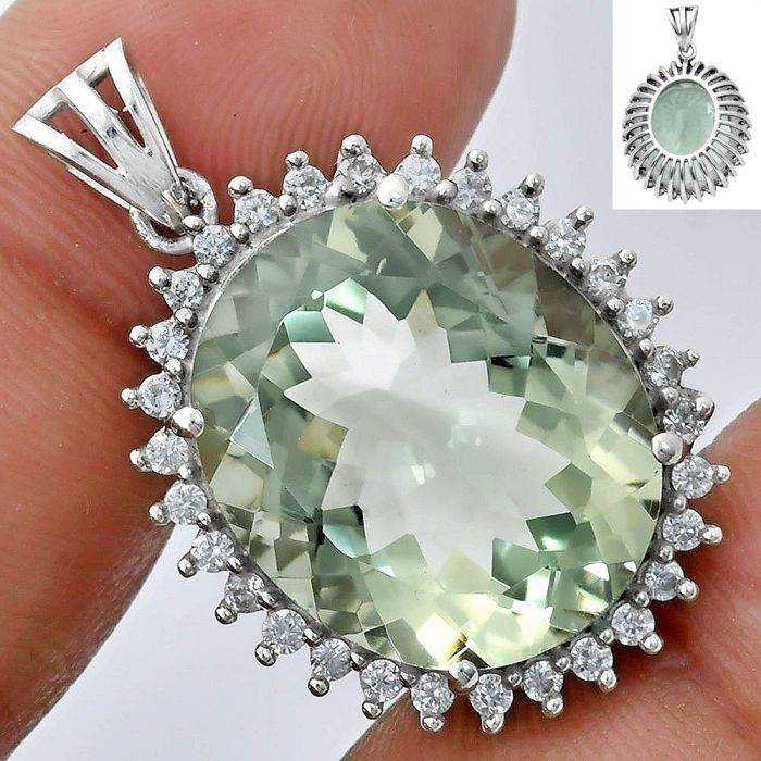 Prasiolite (Green Amethyst) and White Zircon Pendant EXP01669 P-1741, 17x20 mm