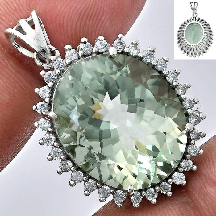 Prasiolite (Green Amethyst) and White Zircon Pendant EXP01670 P-1741, 17x20 mm