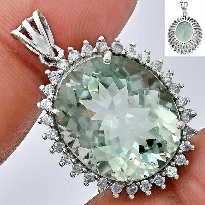 Prasiolite (Green Amethyst) and White Zircon Pendant EXP01671 P-1741, 17x20 mm