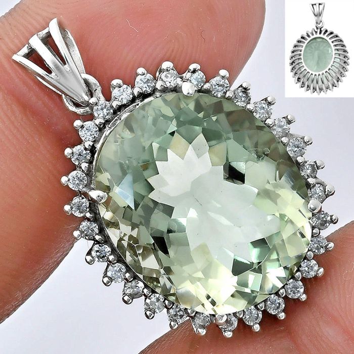 Prasiolite (Green Amethyst) and White Zircon Pendant EXP01672 P-1741, 17x20 mm