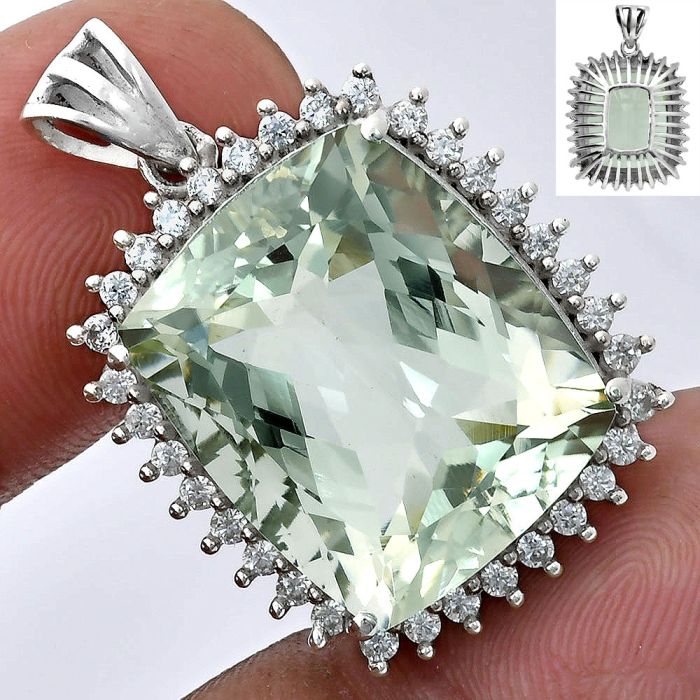 Prasiolite (Green Amethyst) and White Zircon Pendant EXP01676 P-1741, 17x20 mm