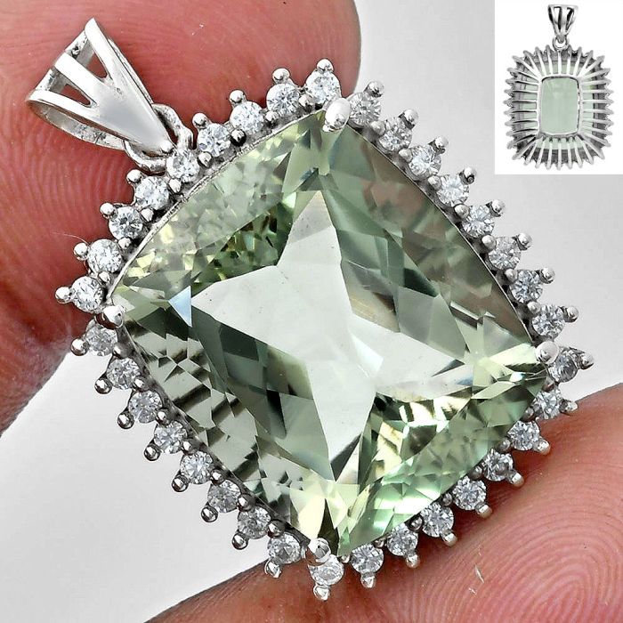 Prasiolite (Green Amethyst) and White Zircon Pendant EXP01678 P-1741, 17x20 mm