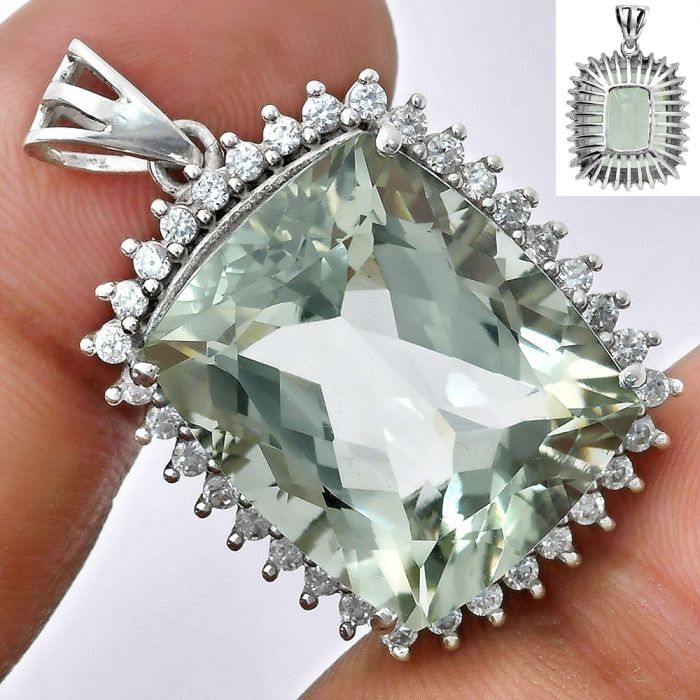 Prasiolite (Green Amethyst) and White Zircon Pendant EXP01680 P-1741, 17x20 mm