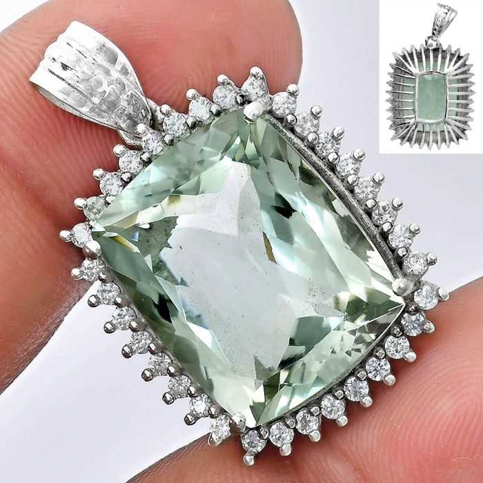 Prasiolite (Green Amethyst) and White Zircon Pendant EXP01682 P-1741, 16x20 mm