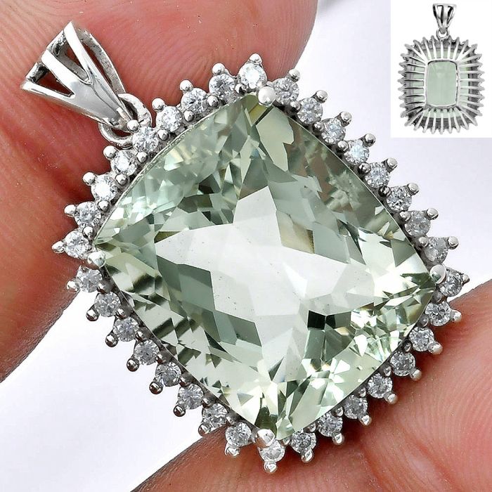 Prasiolite (Green Amethyst) and White Zircon Pendant EXP01683 P-1741, 17x20 mm