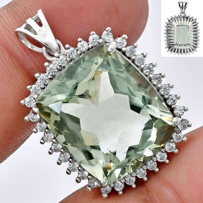 Prasiolite (Green Amethyst) and White Zircon Pendant EXP01684 P-1741, 17x20 mm