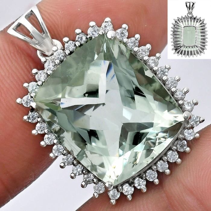 Prasiolite (Green Amethyst) and White Zircon Pendant EXP01686 P-1741, 17x20 mm