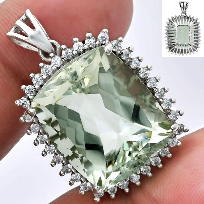 Prasiolite (Green Amethyst) and White Zircon Pendant EXP01688 P-1741, 17x20 mm