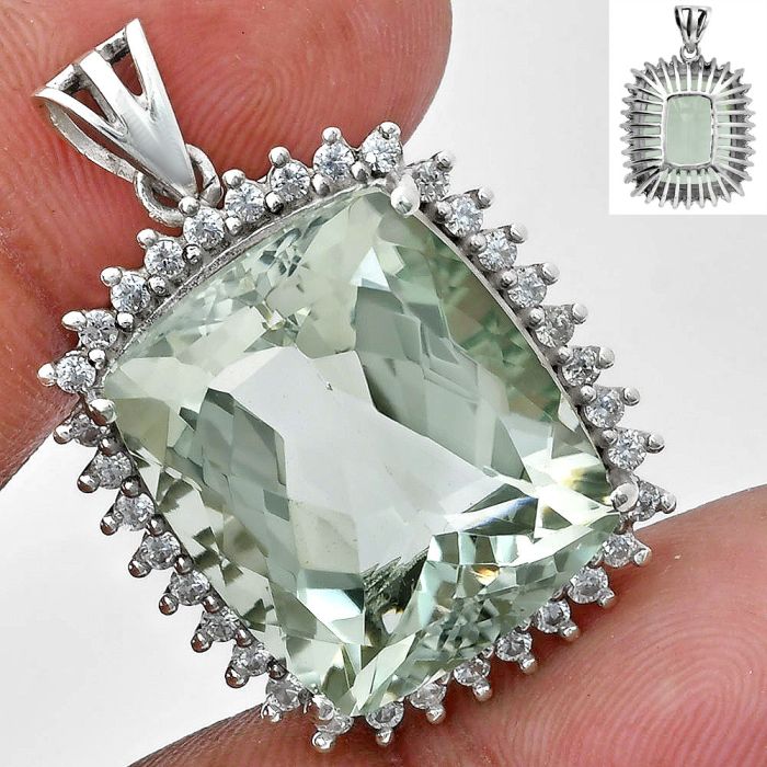 Prasiolite (Green Amethyst) and White Zircon Pendant EXP01690 P-1741, 17x20 mm