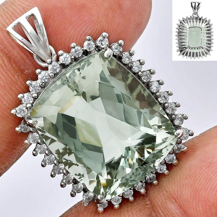 Prasiolite (Green Amethyst) and White Zircon Pendant EXP01691 P-1741, 17x20 mm