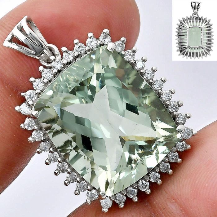 Prasiolite (Green Amethyst) and White Zircon Pendant EXP01693 P-1741, 17x20 mm