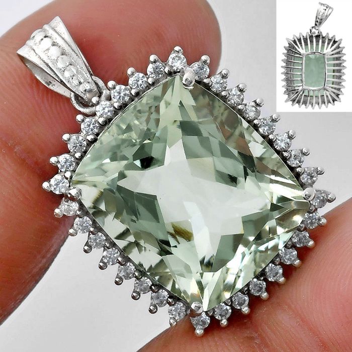 Prasiolite (Green Amethyst) and White Zircon Pendant EXP01694 P-1741, 17x20 mm