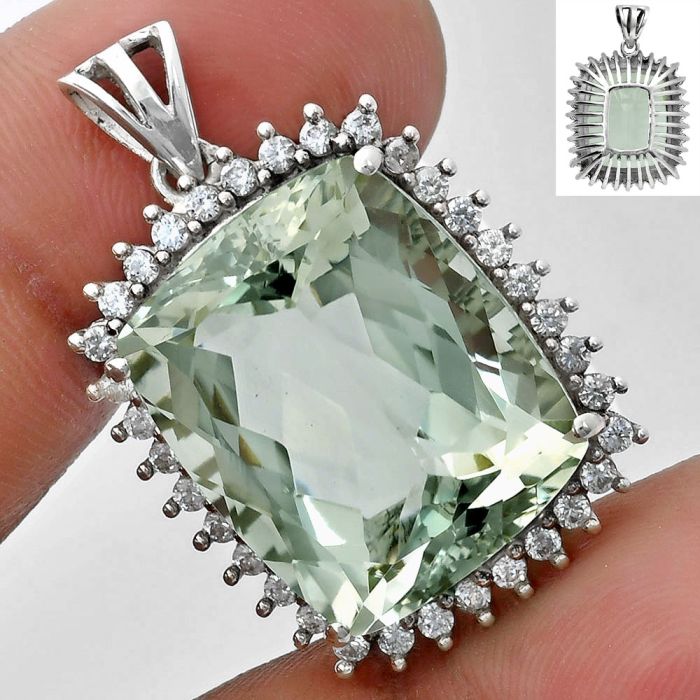 Prasiolite (Green Amethyst) and White Zircon Pendant EXP01695 P-1741, 17x20 mm