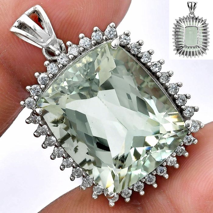 Prasiolite (Green Amethyst) and White Zircon Pendant EXP01697 P-1741, 17x20 mm