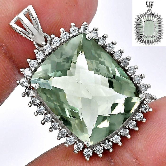 Prasiolite (Green Amethyst) Checker and White Zircon Pendant EXP01698 P-1741, 16x20 mm