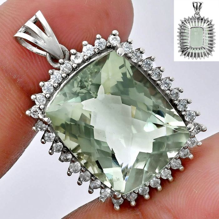 Prasiolite (Green Amethyst) Checker and White Zircon Pendant EXP01699 P-1741, 16x20 mm