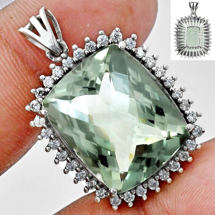 Prasiolite (Green Amethyst) Checker and White Zircon Pendant EXP01700 P-1741, 16x20 mm