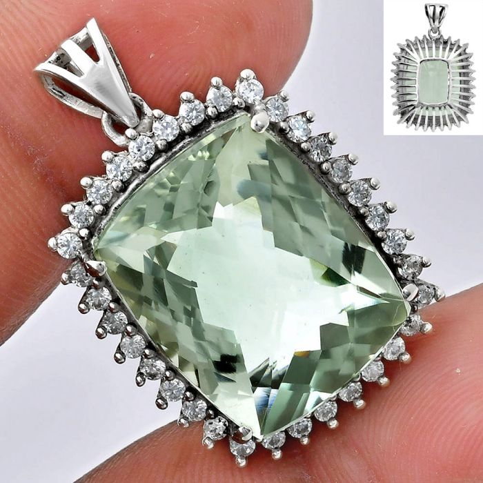 Prasiolite (Green Amethyst) Checker and White Zircon Pendant EXP01701 P-1741, 16x20 mm