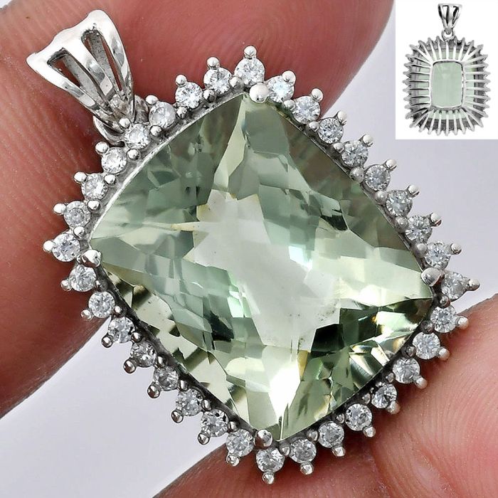 Prasiolite (Green Amethyst) Checker and White Zircon Pendant EXP01702 P-1741, 16x20 mm