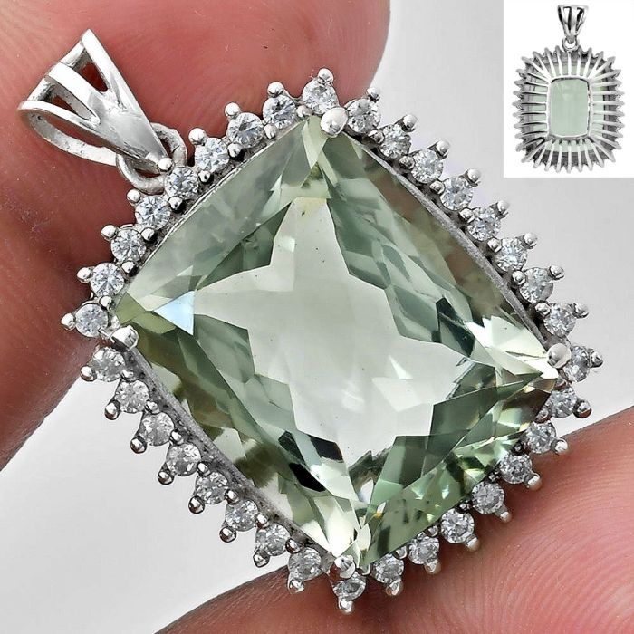 Prasiolite (Green Amethyst) and White Zircon Pendant EXP01703 P-1741, 16x20 mm