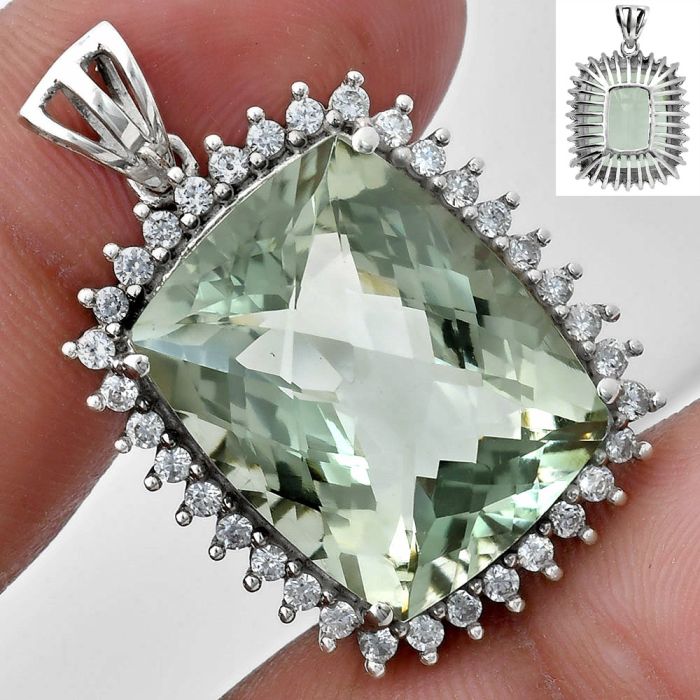 Prasiolite (Green Amethyst) Checker and White Zircon Pendant EXP01705 P-1741, 16x20 mm