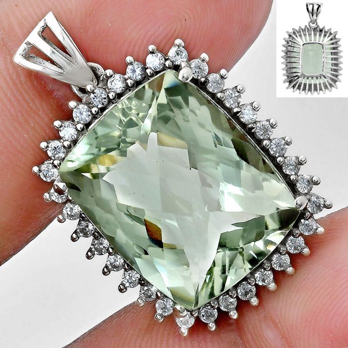 Prasiolite (Green Amethyst) Checker and White Zircon Pendant EXP01709 P-1741, 16x20 mm