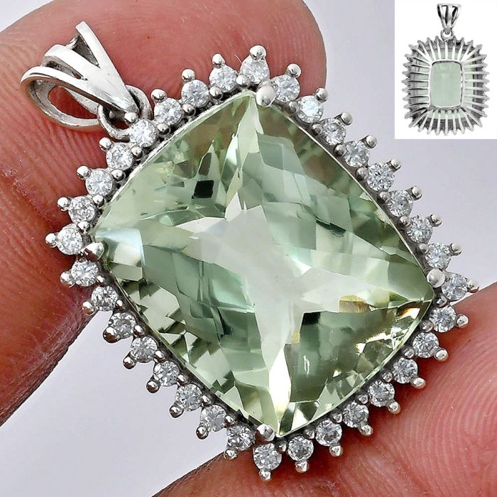 Prasiolite (Green Amethyst) Checker and White Zircon Pendant EXP01711 P-1741, 16x20 mm