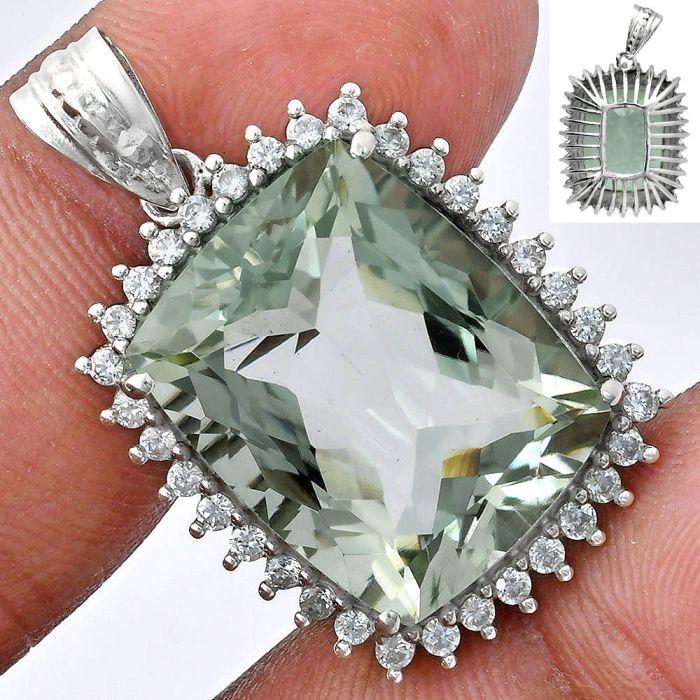 Prasiolite (Green Amethyst) and White Zircon Pendant EXP01712 P-1741, 16x20 mm