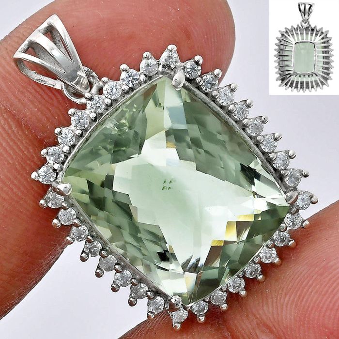 Prasiolite (Green Amethyst) Checker and White Zircon Pendant EXP01713 P-1741, 16x20 mm