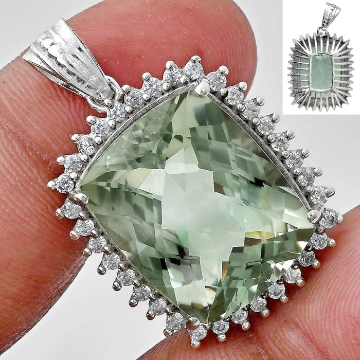 Prasiolite (Green Amethyst) Checker and White Zircon Pendant EXP01716 P-1741, 16x20 mm