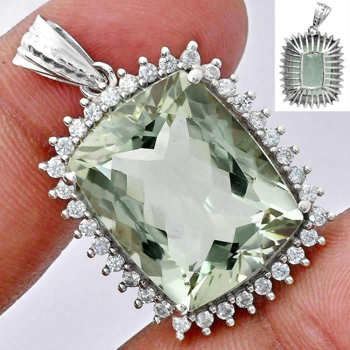 Prasiolite (Green Amethyst) and White Zircon Pendant EXP01717 P-1741, 16x20 mm