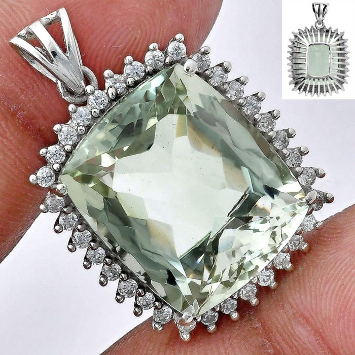 Prasiolite (Green Amethyst) and White Zircon Pendant EXP01718 P-1741, 17x20 mm