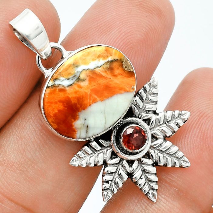 Spiny Oyster Turquoise and Garnet Pendant EXP01729 P-1425, 14x17 mm