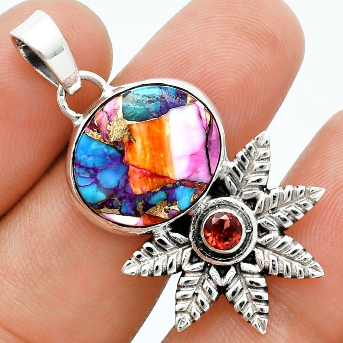 Kingman Orange Dahlia Turquoise and Garnet Pendant EXP01730 P-1425, 14x16 mm