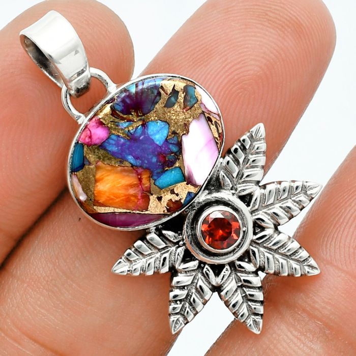 Kingman Orange Dahlia Turquoise and Garnet Pendant EXP01734 P-1425, 13x17 mm