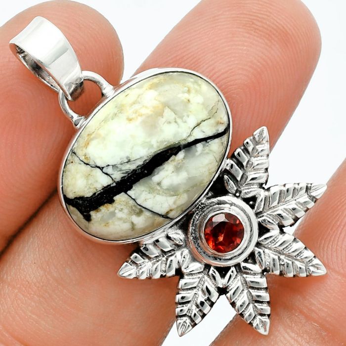 Authentic White Buffalo Turquoise Nevada and Garnet Pendant EXP01735 P-1425, 14x19 mm