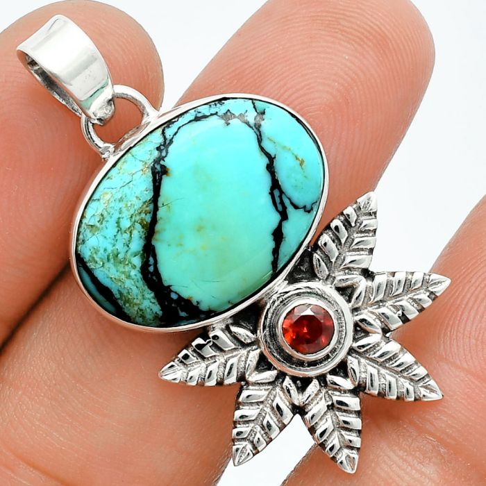 Lucky Charm Tibetan Turquoise and Garnet Pendant EXP01738 P-1425, 14x20 mm