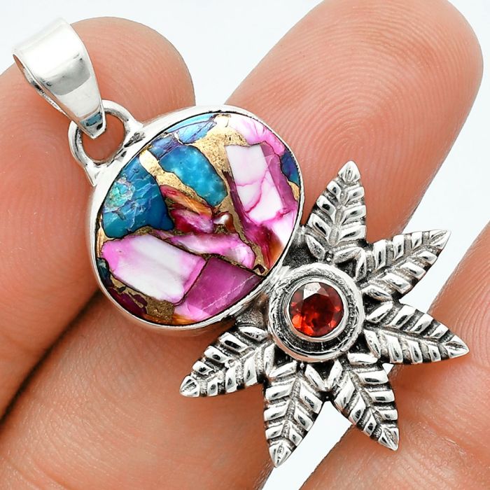 Kingman Pink Dahlia Turquoise and Garnet Pendant EXP01739 P-1425, 13x17 mm