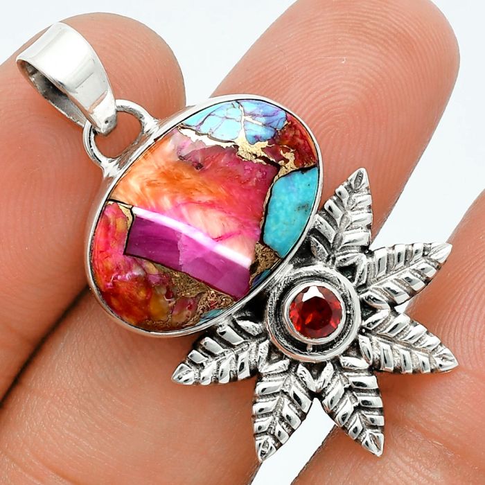 Kingman Orange Dahlia Turquoise and Garnet Pendant EXP01742 P-1425, 13x20 mm