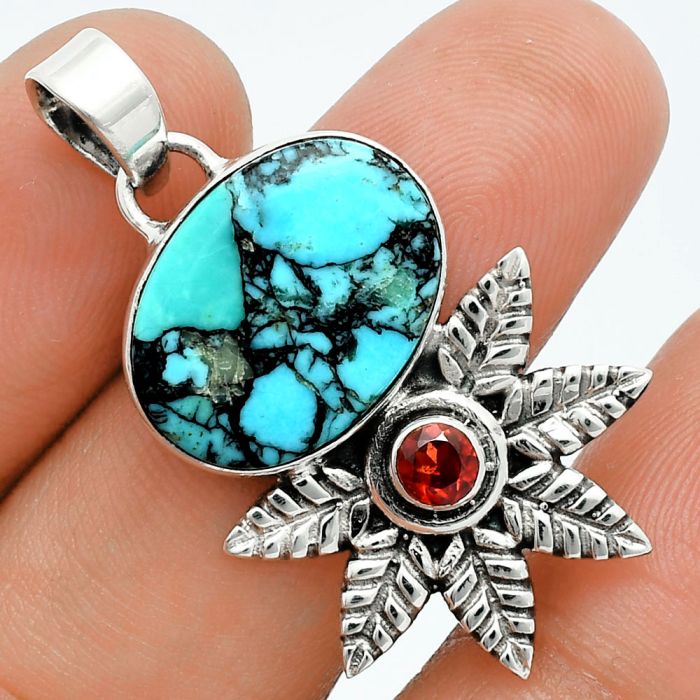 Lucky Charm Tibetan Turquoise and Garnet Pendant EXP01744 P-1425, 13x18 mm