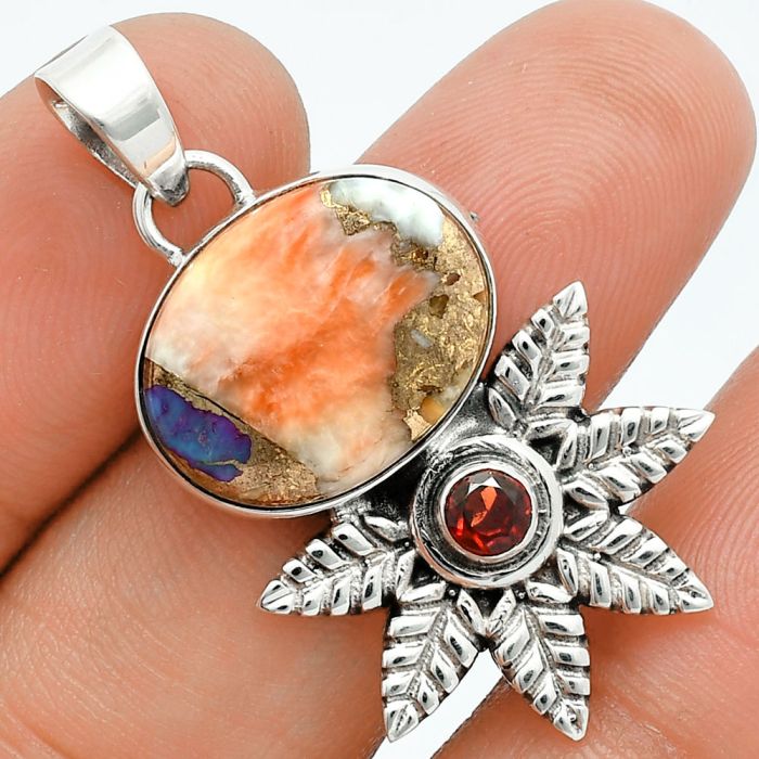 Spiny Oyster Turquoise and Garnet Pendant EXP01745 P-1425, 13x17 mm