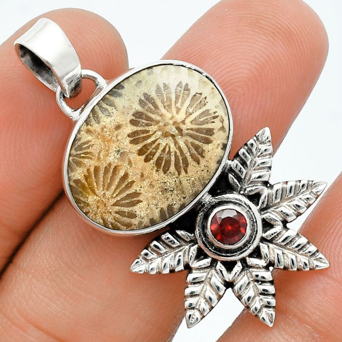 Flower Fossil Coral and Garnet Pendant EXP01748 P-1425, 15x20 mm