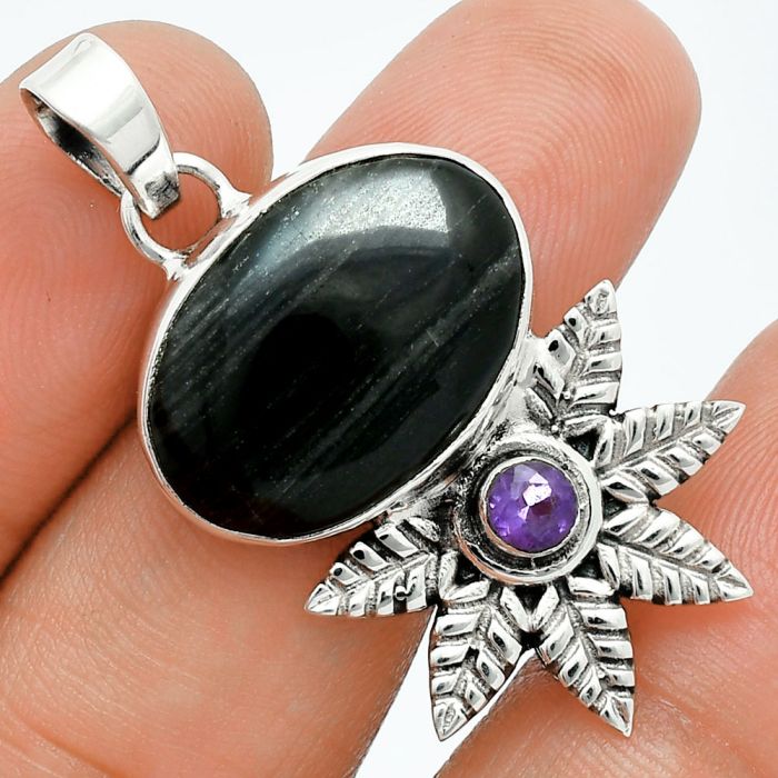 Silver Leaf Obsidian and Amethyst Pendant EXP01749 P-1425, 14x20 mm